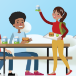 farm to school poster art, kids sitting at cafeteria table