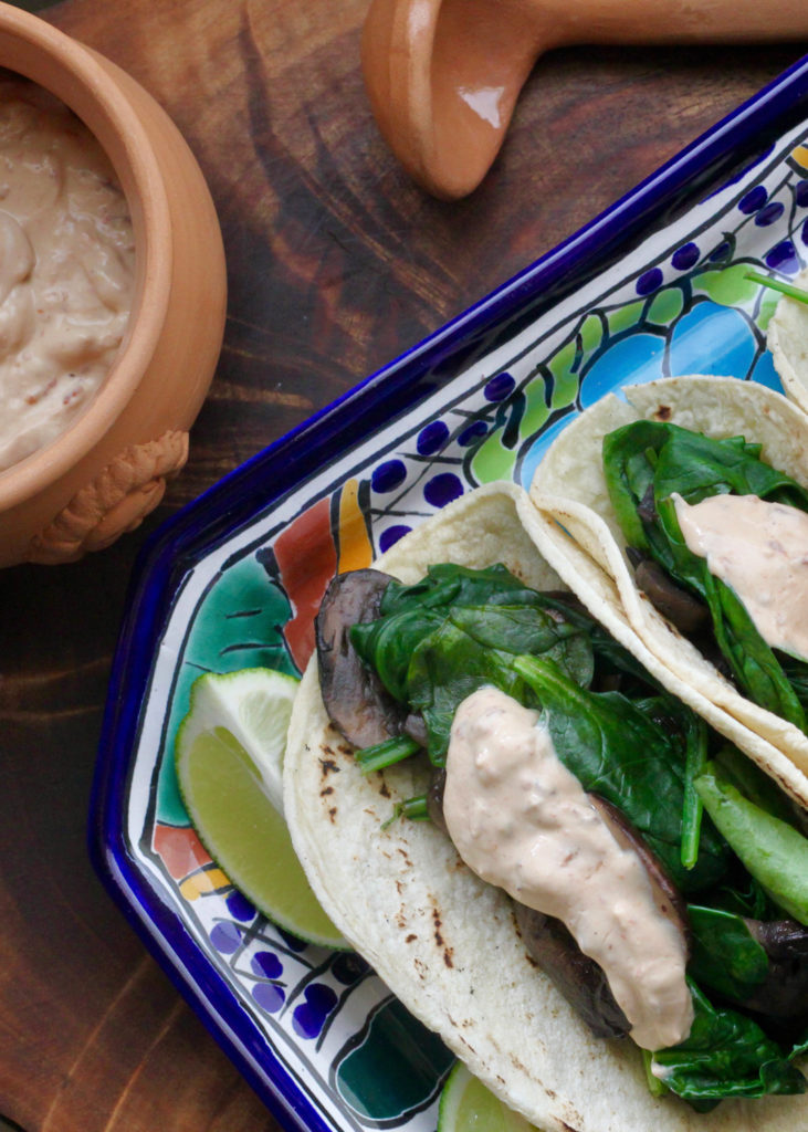 Mushroom Spinach Tacos with Yogurt Chipotle Crema